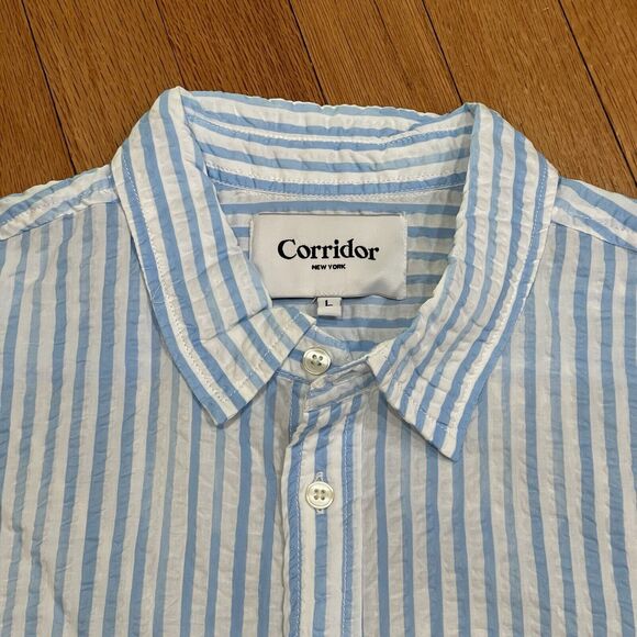 Huckberry Corridor New York Striped Seersucker Shirt Size Large L Short Sleeve - Picture 10 of 10